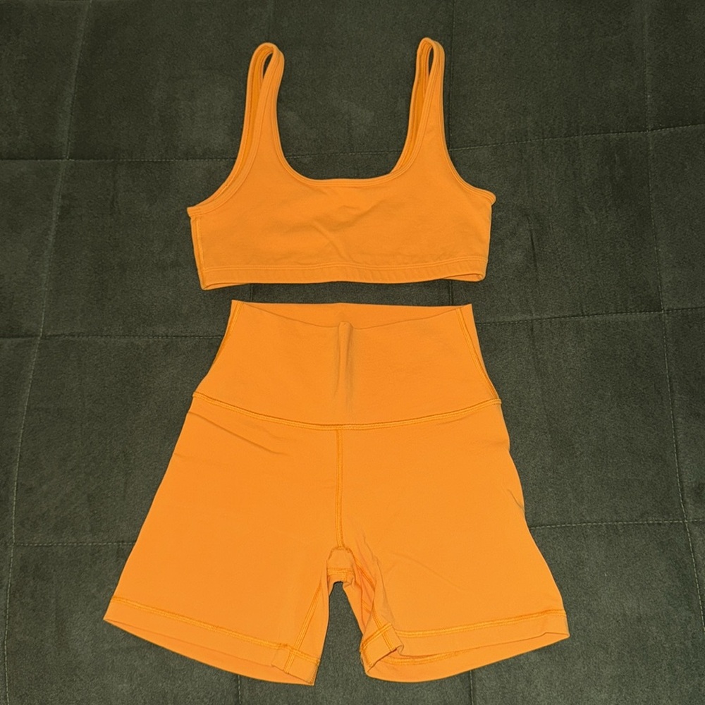 Aritzia Golden LIFE tangelo orange mini bra and high rise cheeky 5” short set